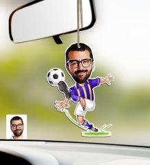 Kişiye Özel Sarı Lacivert Futbolcu Karikatürlü Ahşap Araba Dikiz Ayna Süsü
