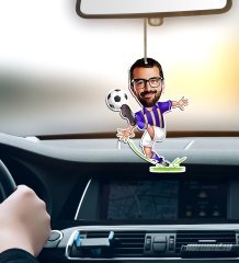 Kişiye Özel Sarı Lacivert Futbolcu Karikatürlü Ahşap Araba Dikiz Ayna Süsü