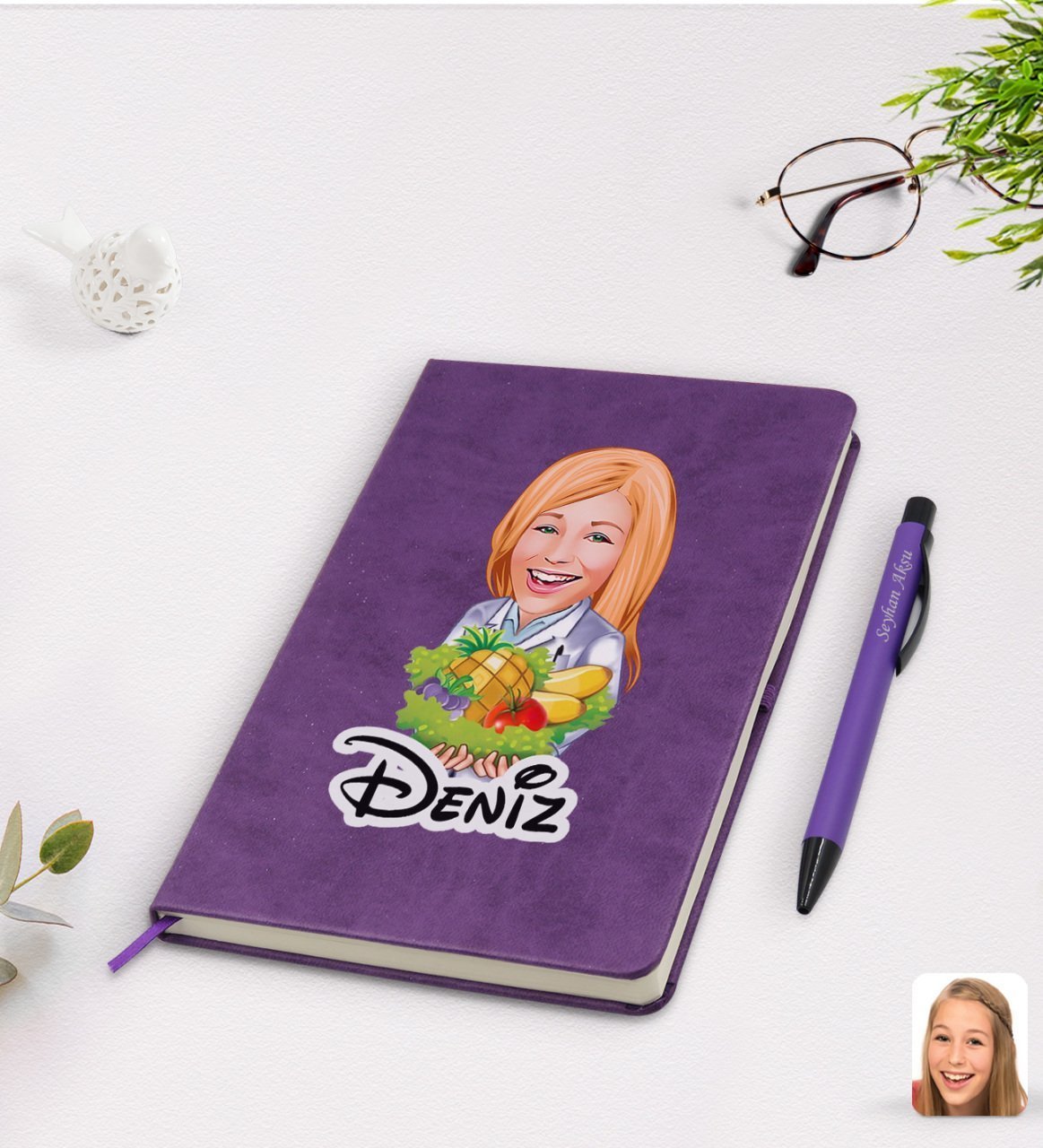 Kişiye Özel Kadın Diyetisyen Karikatürlü Mor Termo Deri Defter Kalem Seti Model 1
