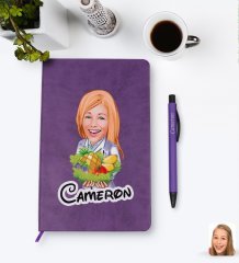 Kişiye Özel Kadın Diyetisyen Karikatürlü Mor Termo Deri Defter Kalem Seti Model 1