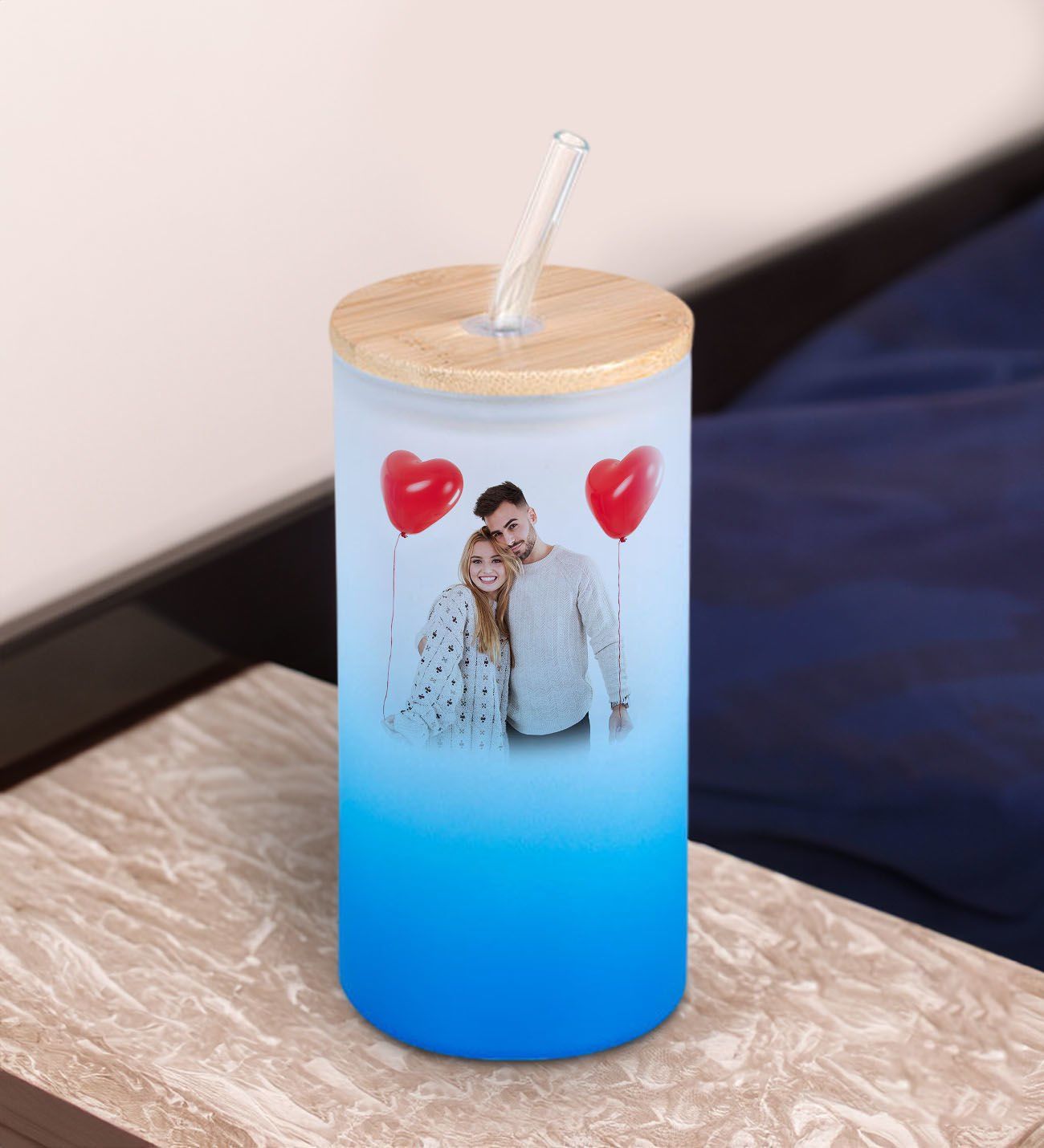 BK Gift Fotoğraflı Mavi Renk Pipetli Buzlu Cam Bardak 600ml - 1, Arkadaşa Hediye, Doğum Günü Hediyesi