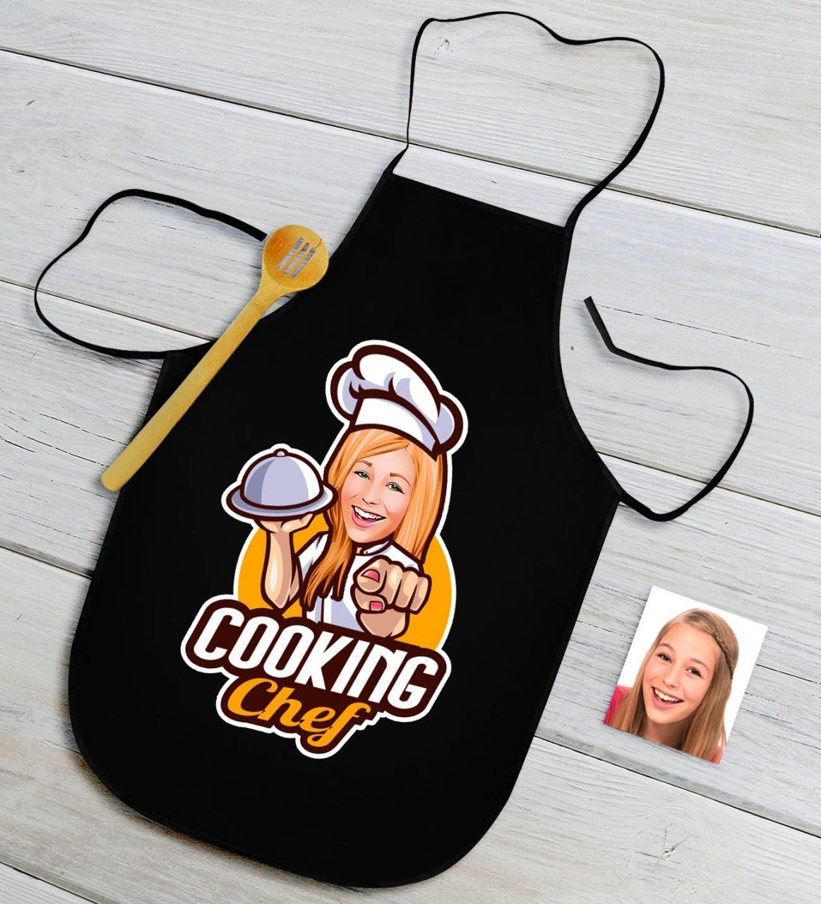 Kişiye Özel Bayan Chef Karikatürlü Siyah Mutfak Önlüğü-15