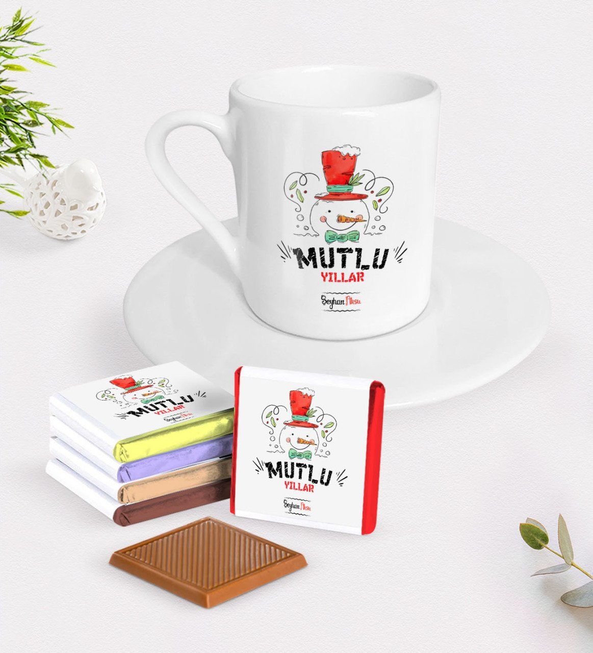 Kişiye Özel Yılbaşı Mutlu Yıllar Türk Kahvesi Fincanı ve Çikolata Hediye Seti-5