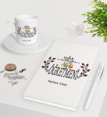 Kişiye Özel Yılın En İyi Öğretmeni Beyaz Defter Kalem Türk Kahvesi Fincanı Seti-2