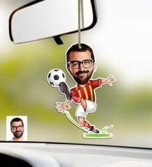 Kişiye Özel Sarı Kırmızı Futbolcu Karikatürlü Ahşap Araba Dikiz Ayna Süsü