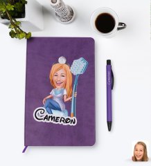 Kişiye Özel Kadın Diş Hekimi Karikatürlü Mor Termo Deri Defter Kalem Seti Model 2