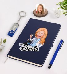 Kişiye Özel Kadın Veteriner Hekim Karikatürlü Lacivert Defter Kalem 32gb USB Bellek Hediye Seti-2