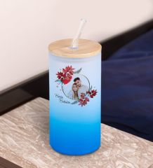 BK Gift İsimli Fotoğraflı Mavi Renk Pipetli Buzlu Cam Bardak 600ml - 3, Arkadaşa Hediye, Doğum Günü Hediyesi