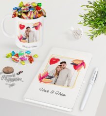 Kişiye Özel İsimli Fotoğraflı Beyaz Defter Kalem Kupa ve Haribo Şeker Hediye Seti-28