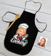 Kişiye Özel Bayan Chef Karikatürlü Siyah Mutfak Önlüğü-14