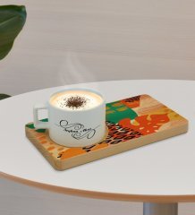 Kişiye Özel Modern Art Tasarımlı Doğal Ahşap Tabaklı Seramik Fincan Sunum Seti  Model 3