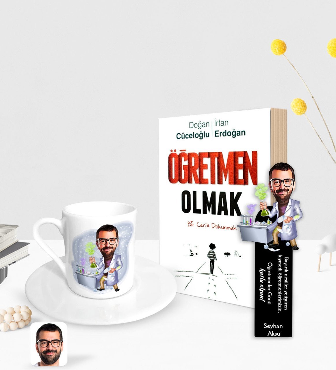 Kişiye Özel Erkek Kimya Öğretmeni Karikatürlü Türk Kahvesi Fincanı Ahşap Kitap Ayracı ve Öğretmen Olmak Kitabı Hediye Seti-2