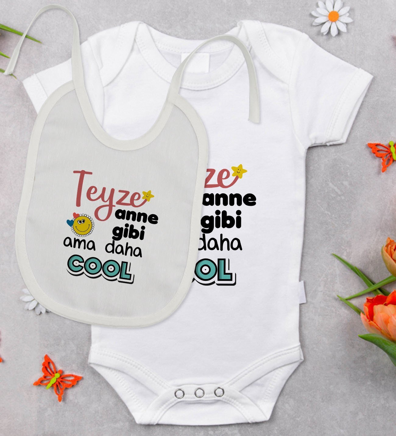 BK Kids Teyze Anne Gibi Tasarımlı Bebek Body Zıbın ve Mama Önlüğü Hediye Seti - Model 1