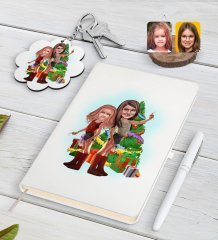 Kişiye Özel Yeni Yıl Kız Kardeşler Karikatürlü Beyaz Defter Kalem ve Anahtarlık Hediye Seti-2
