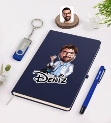 Kişiye Özel Erkek Veteriner Hekim Karikatürlü Lacivert Defter Kalem 32gb USB Bellek Hediye Seti-2