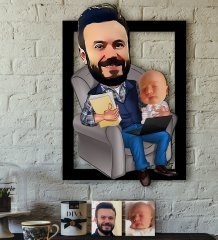Kişiye Özel Baba-Oğul Karikatürlü 3D Ahşap Tablo-1