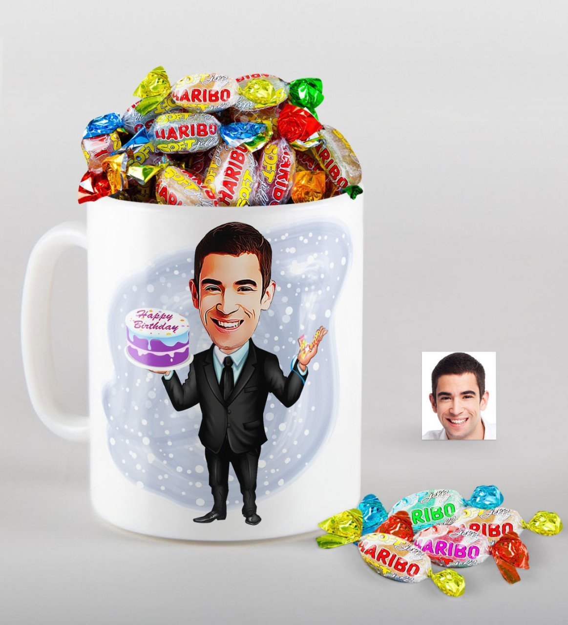 Kişiye Özel Bay Doğum Günü Karikatürlü Kupa ve Haribo Şeker Hediye Seti-2