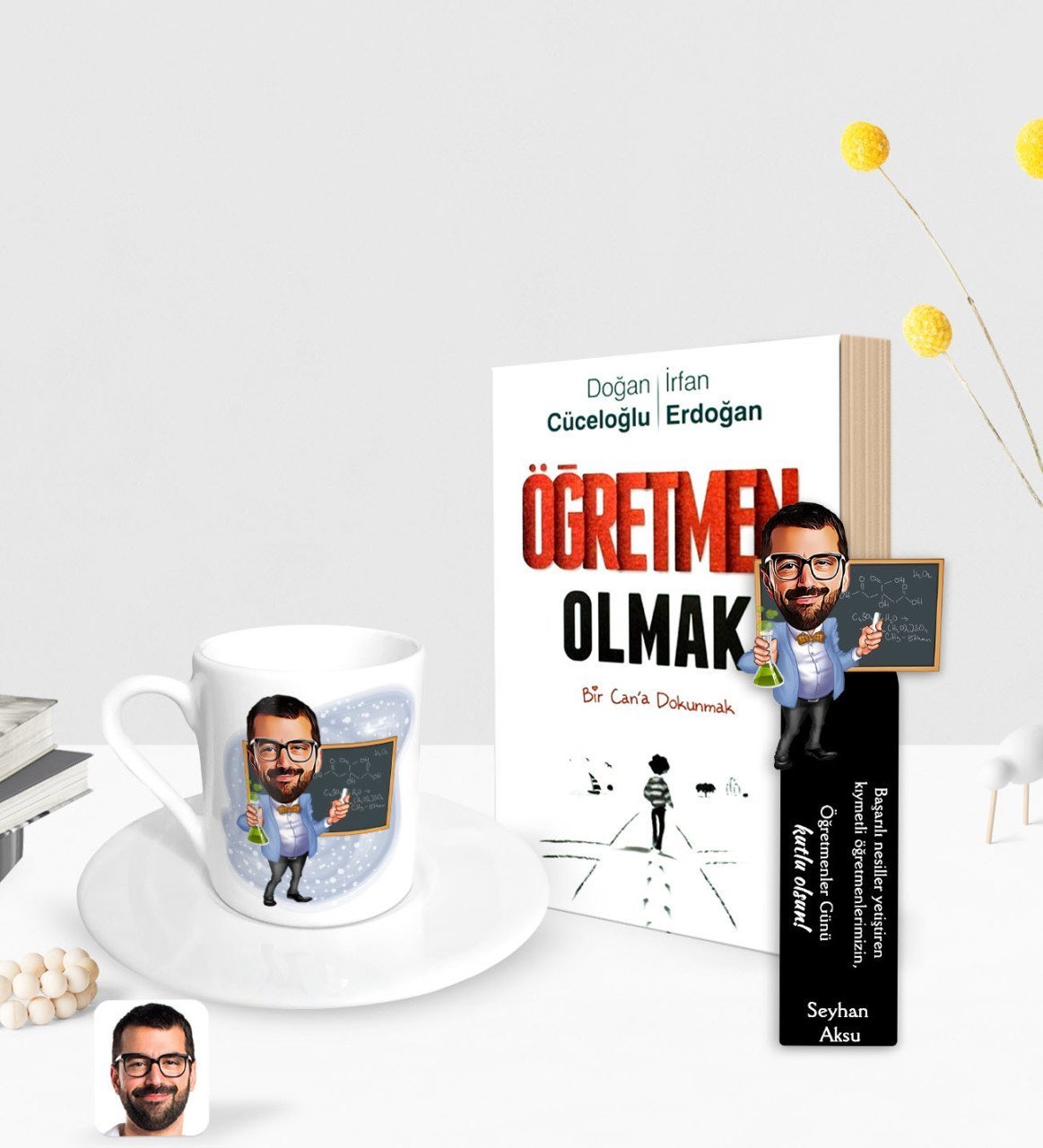 Kişiye Özel Erkek Kimya Öğretmeni Karikatürlü Türk Kahvesi Fincanı Ahşap Kitap Ayracı ve Öğretmen Olmak Kitabı Hediye Seti-1