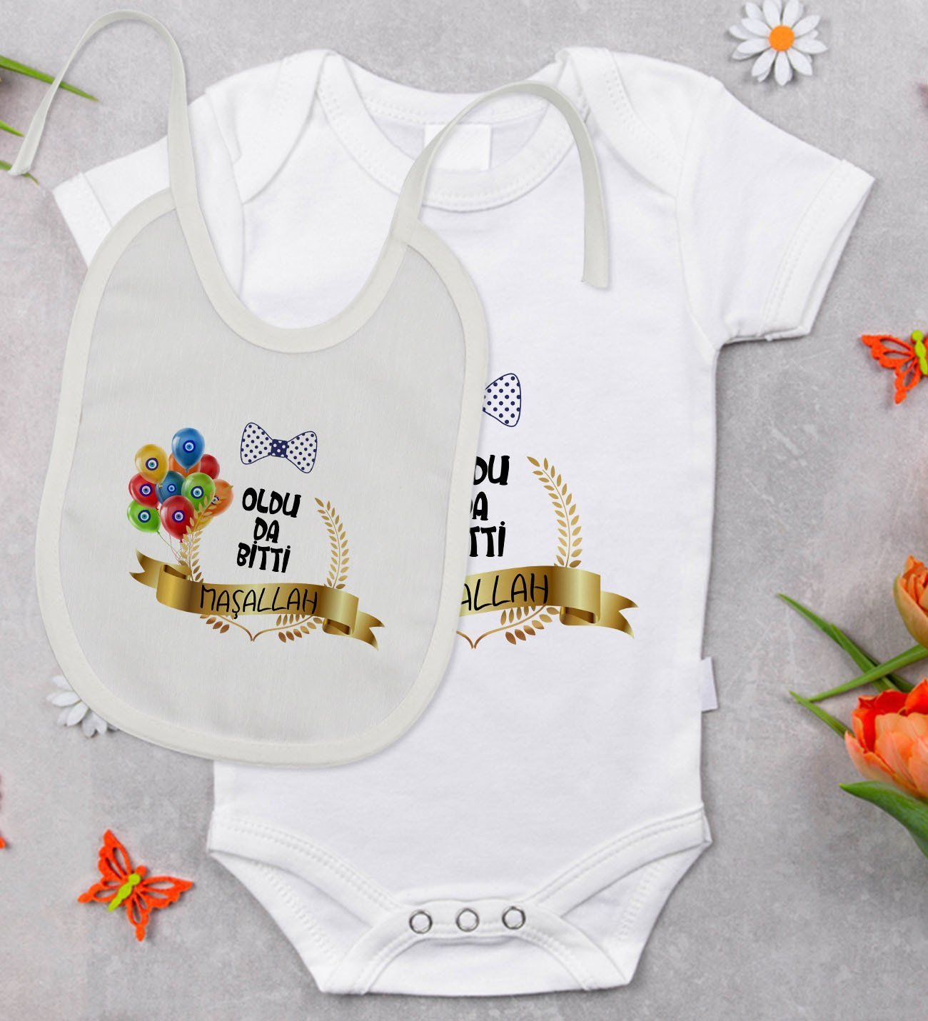BK Kids Sünnet Tasarımlı Bebek Body Zıbın ve Mama Önlüğü Hediye Seti - Model 4