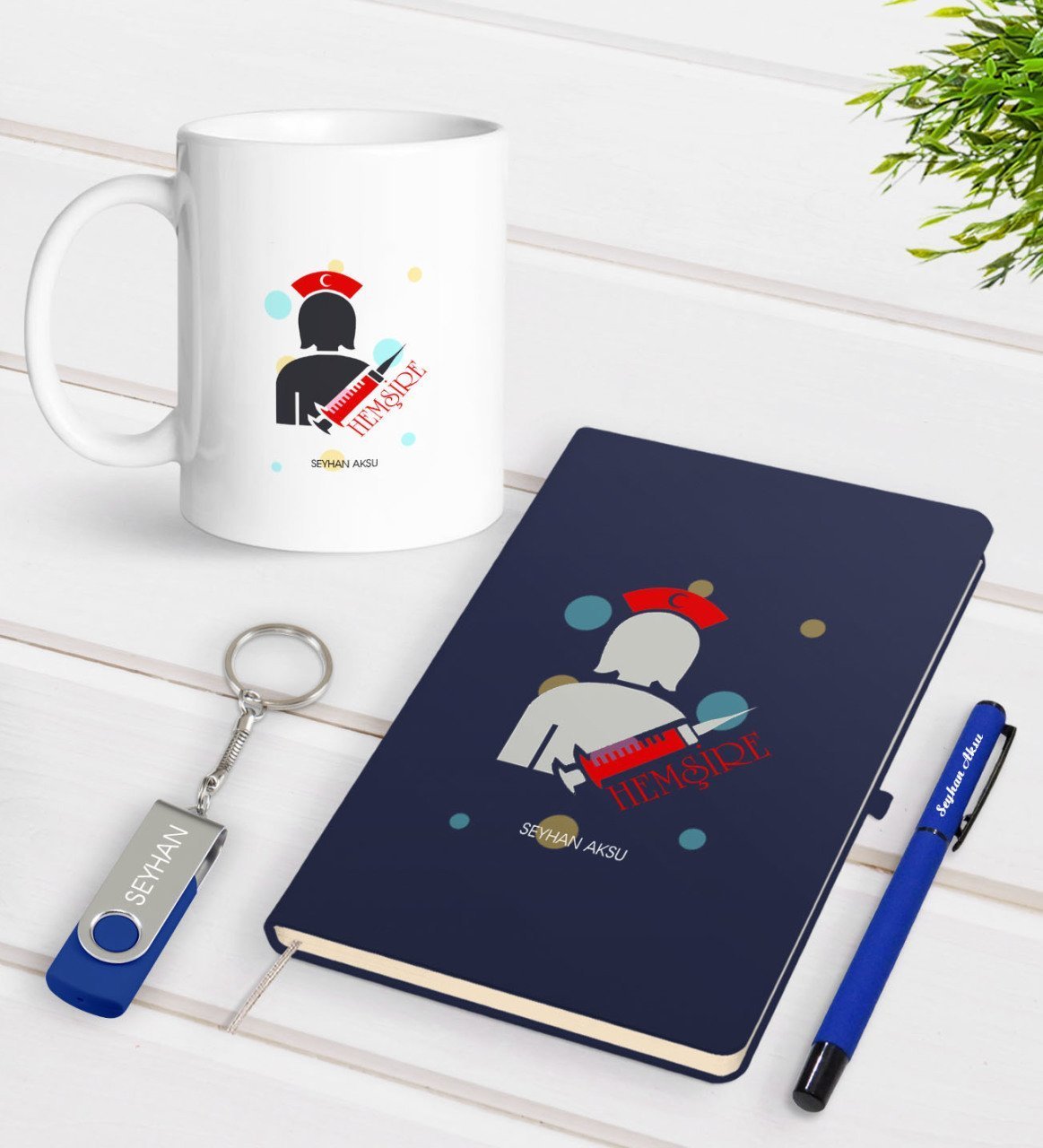 Kişiye Özel Hemşire Temalı Lacivert Defter Kalem Kupa 32gb USB Bellek Hediye Seti-3