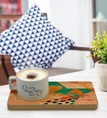 Kişiye Özel Modern Art Tasarımlı Doğal Ahşap Tabaklı Seramik Fincan Sunum Seti  Model 1