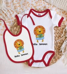 BK Kids Hello Summer Tasarımlı Kırmızı Bebek Body Zıbın ve Mama Önlüğü Hediye Seti-1