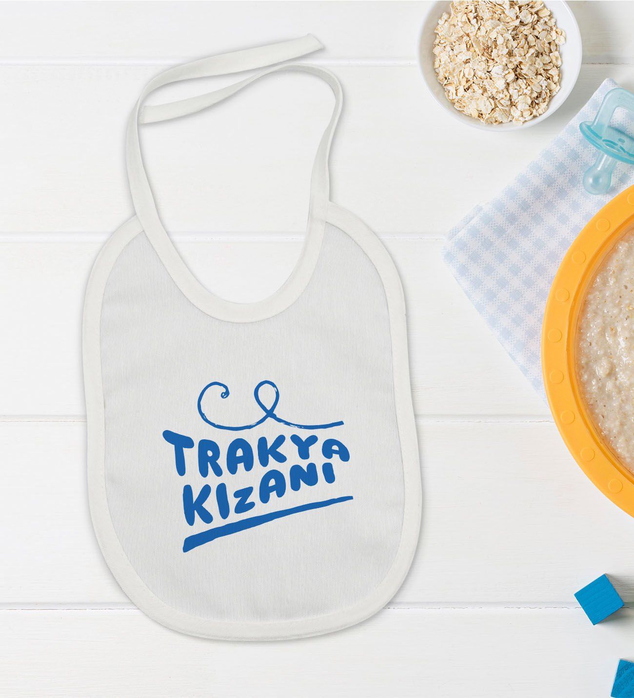 BK Kids Trakya Kızanı Tasarımlı Beyaz Bebek Mama Önlüğü-1
