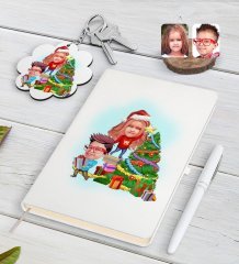 Kişiye Özel Yeni Yıl Kız Kardeş ve Erkek Kardeş Karikatürlü Beyaz Defter Kalem ve Anahtarlık Hediye Seti-1
