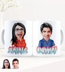 Personalized Double Name Caricature White Mug Set