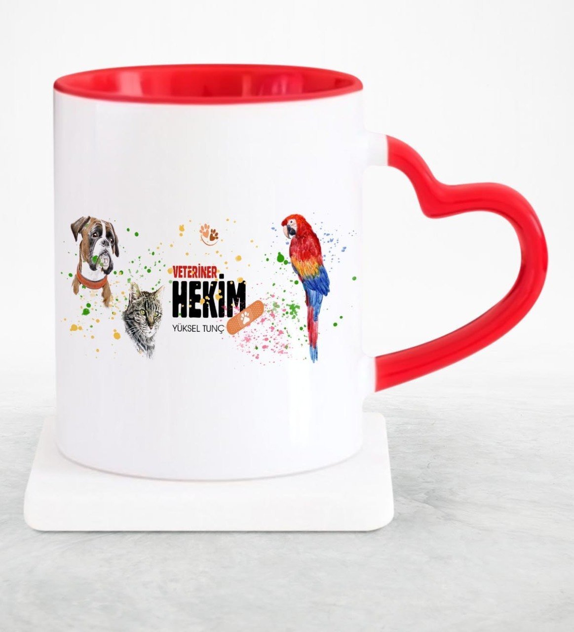 Kişiye Özel Mesleki Veteriner Hekim Kırmızı Kalpli Kupa Bardak - 5