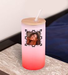 BK Gift Fotoğraflı Kırmızı Renk Pipetli Buzlu Cam Bardak 600ml - 2, Arkadaşa Hediye, Doğum Günü Hediyesi