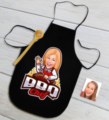 Kişiye Özel Bayan Barbekü Chef Karikatürlü Siyah Mutfak Önlüğü