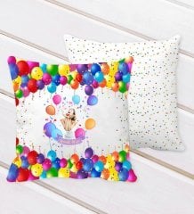 Kişiye Özel Fotoğraflı Doğum Günü Tasarımlı Balon Desenli Dekoratif Kırlent Yastık-5