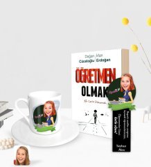 Kişiye Özel Kadın En İyi Öğretmen Karikatürlü Türk Kahvesi Fincanı Ahşap Kitap Ayracı ve Öğretmen Olmak Kitabı Hediye Seti-1