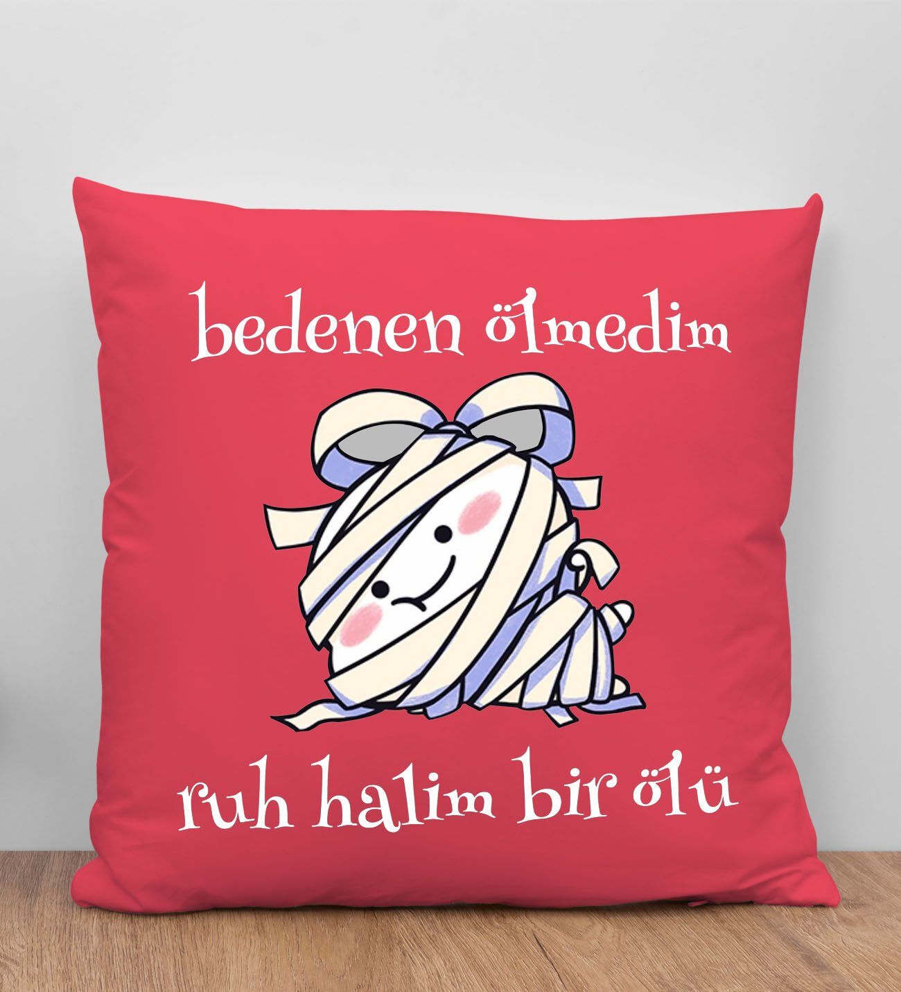 BK Gift Ruh Halim Bir Ölü Tasarımlı Kırmızı Kırlent Yastık, Arkadaşa Hediye, Ev Dekorasyonu, Ev Hediyesi-1