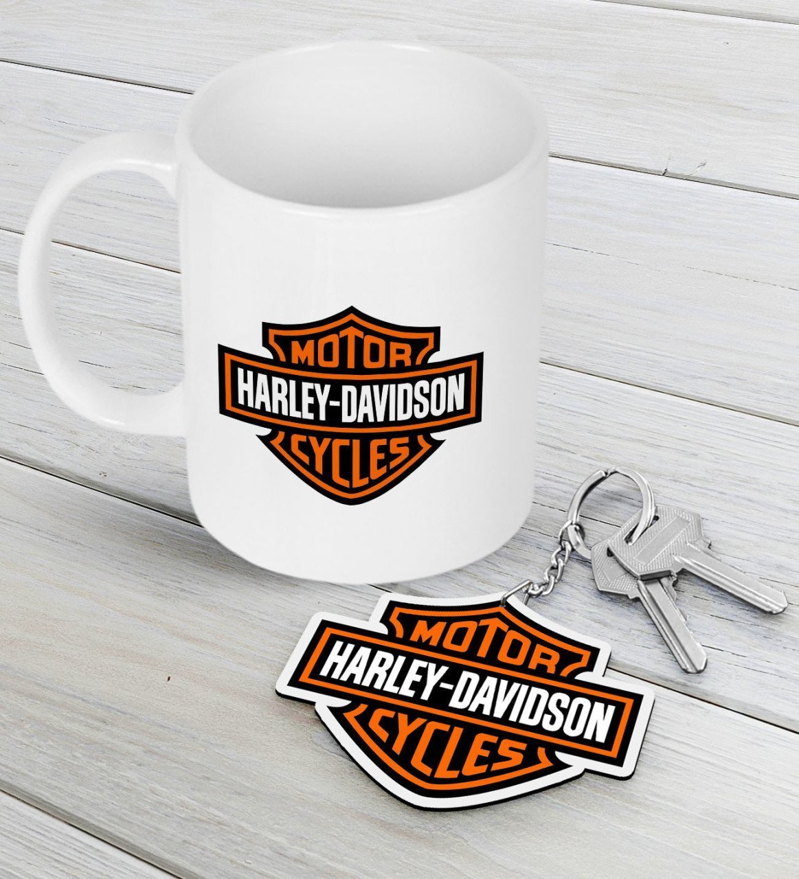 Harley Davidson Beyaz Kupa ve Ahşap Anahtarlık Seti-7