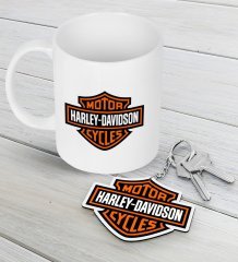 Harley Davidson Beyaz Kupa ve Ahşap Anahtarlık Seti-7
