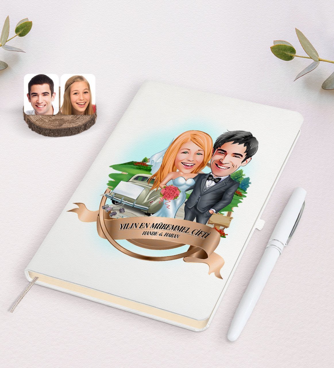Kişiye Özel Yılın En Mükemmel Çifti Karikatürlü Beyaz Defter ve Kalem Hediye Seti-66