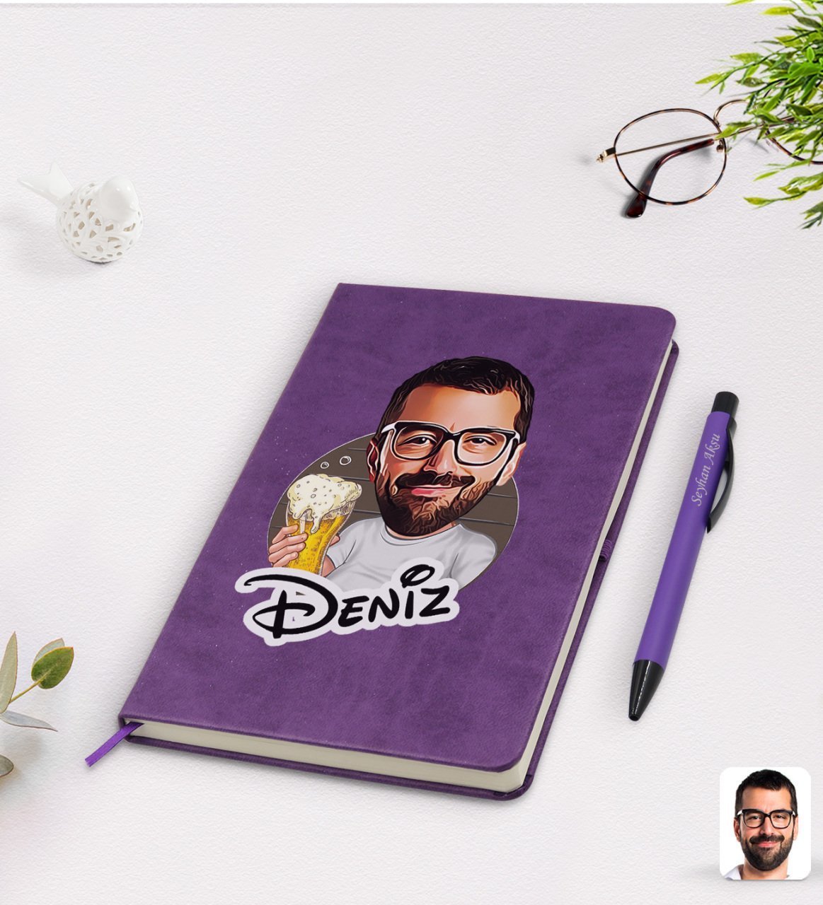 Kişiye Özel Erkek Karikatürlü Mor Termo Deri Defter Kalem Seti Model 51