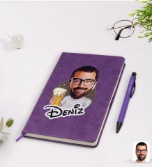 Kişiye Özel Erkek Karikatürlü Mor Termo Deri Defter Kalem Seti Model 51