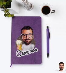 Kişiye Özel Erkek Karikatürlü Mor Termo Deri Defter Kalem Seti Model 51