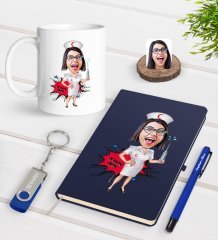 Kişiye Özel Hemşire Karikatürlü Lacivert Defter Kalem Kupa 32gb USB Bellek Hediye Seti-1