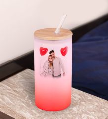 BK Gift Fotoğraflı Kırmızı Renk Pipetli Buzlu Cam Bardak 600ml - 1, Arkadaşa Hediye, Doğum Günü Hediyesi