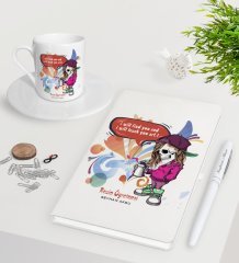 Kişiye Özel Resim Öğretmeni Beyaz Defter Kalem Türk Kahvesi Fincanı Seti-2