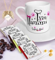 Kişiye Özel Evin Hanımı Kahve Fincanı Çikolata Melek Kanadı Kolye Seti-1