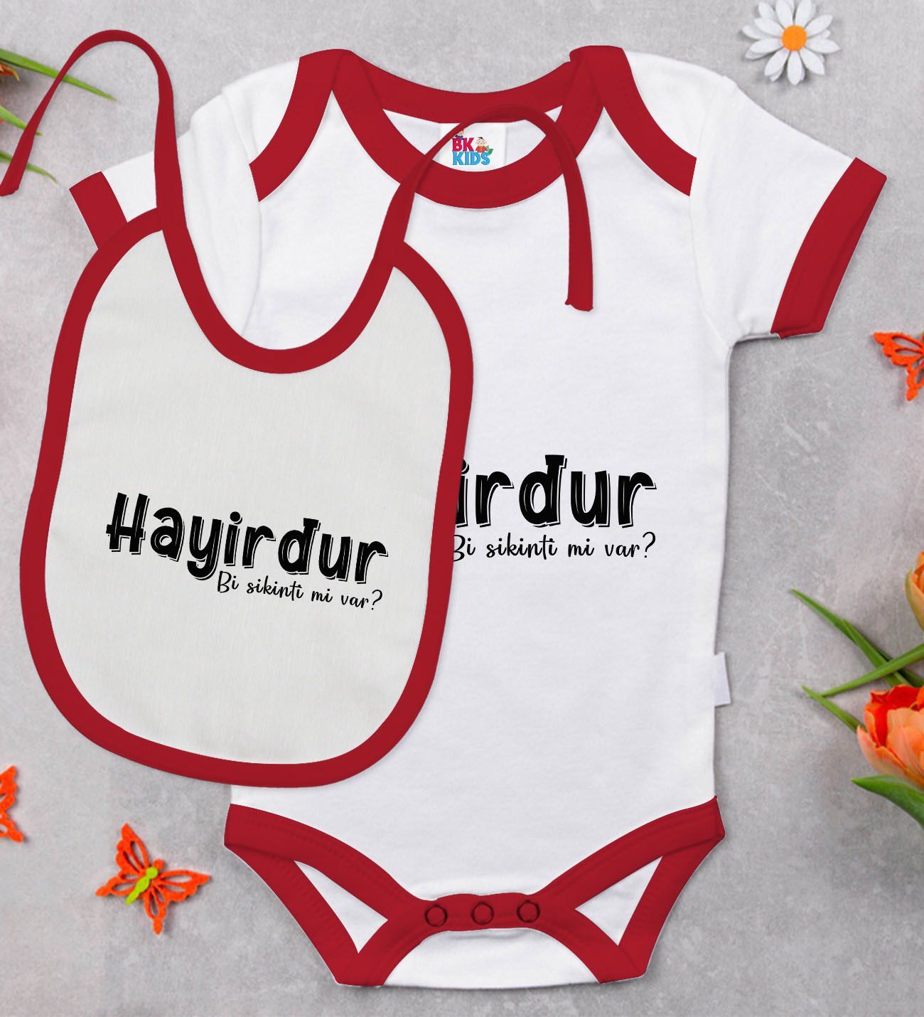 BK Kids Hayirdur Tasarımlı Kırmızı Bebek Body Zıbın ve Mama Önlüğü Hediye Seti-1