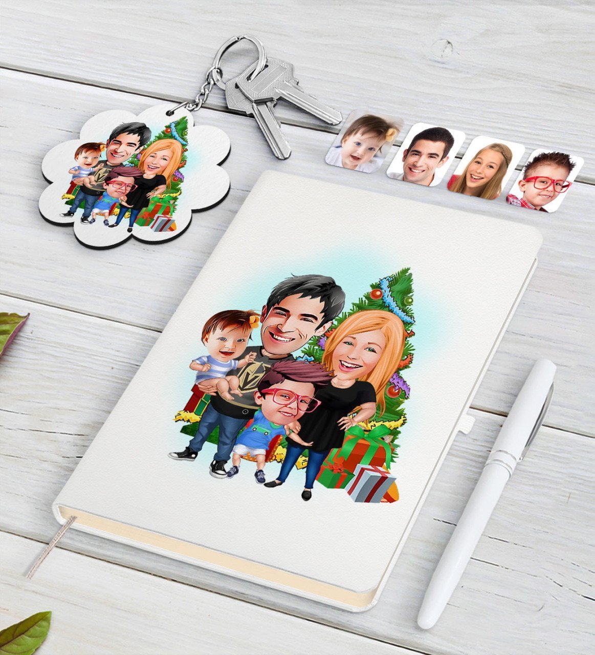 Kişiye Özel Yeni Yıl Aile Karikatürlü Beyaz Defter Kalem ve Anahtarlık Hediye Seti-5