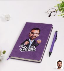Kişiye Özel Erkek Karikatürlü Mor Termo Deri Defter Kalem Seti Model 50