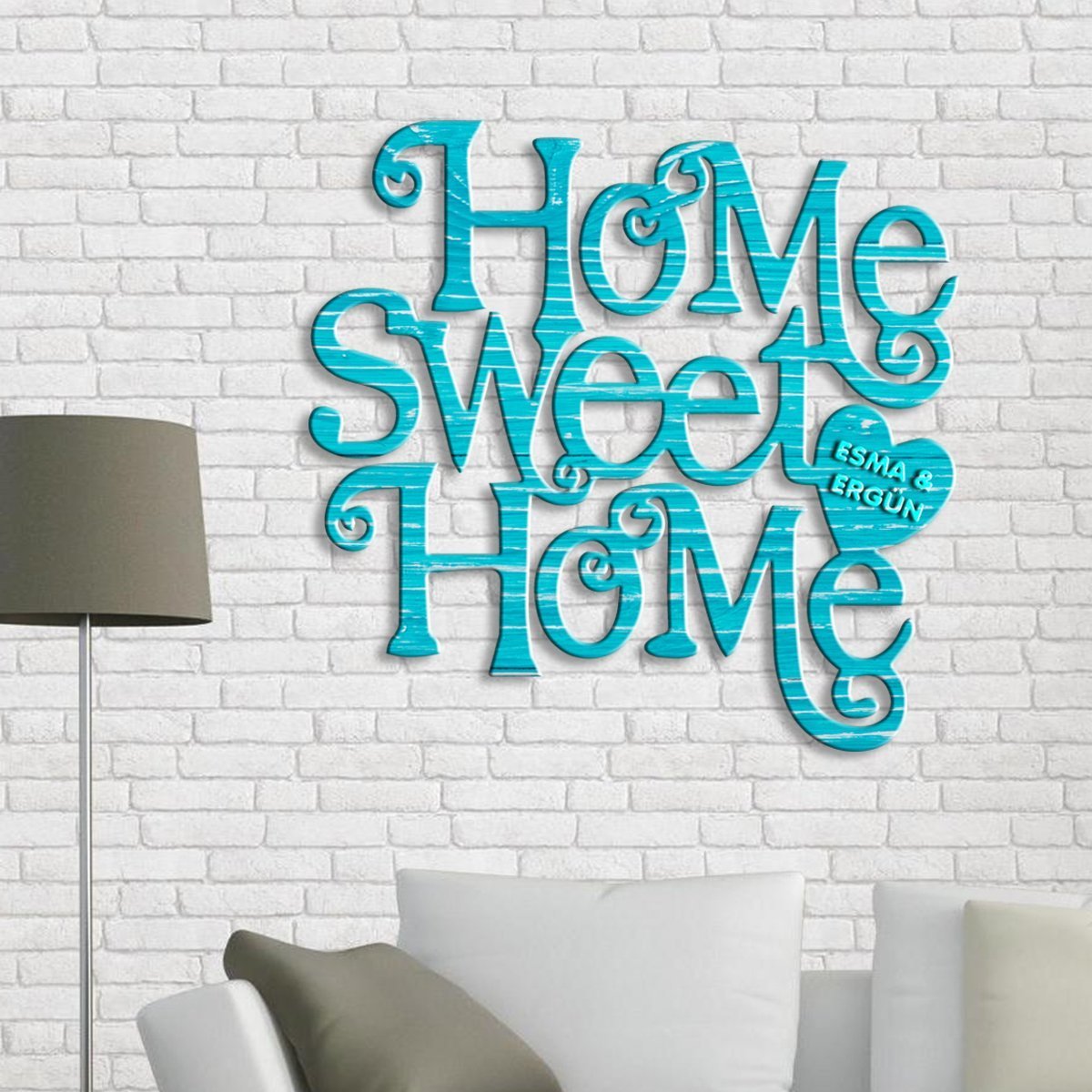 Kişiye Özel Home Sweet Home Mavi Renk Dokulu Ahşap Duvar Yazısı - 3