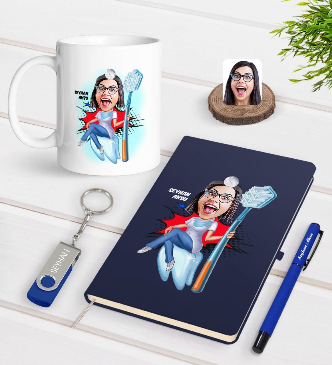 Kişiye Özel Kadın Diş Hekimi Karikatürlü Lacivert Defter Kalem Kupa 32gb USB Bellek Hediye Seti-4